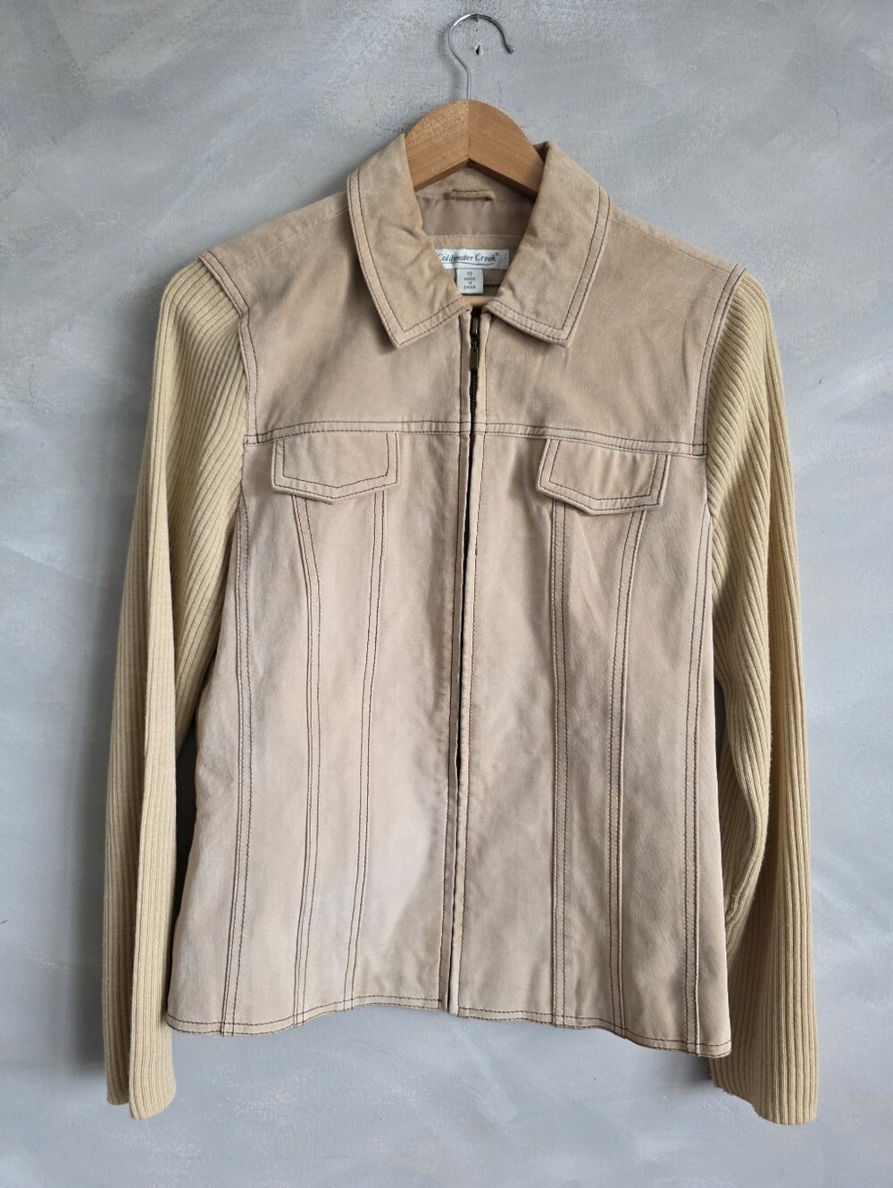 90s Minimalist Nuetral Tan Leather Knit Sleeve Jacket Sz 10 Clean Girl